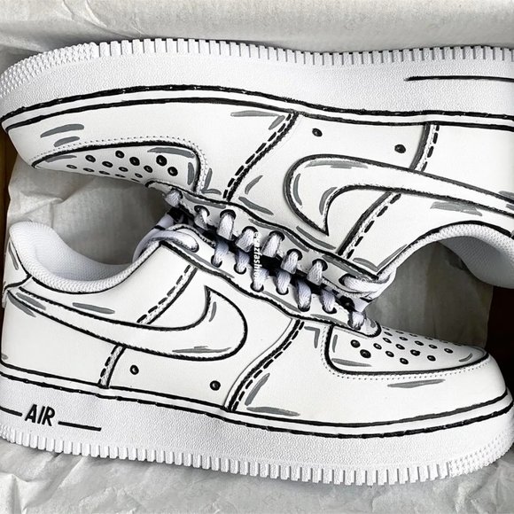 Nike Air Force Cartoon Custom Low Shoes White Black Gray Outline